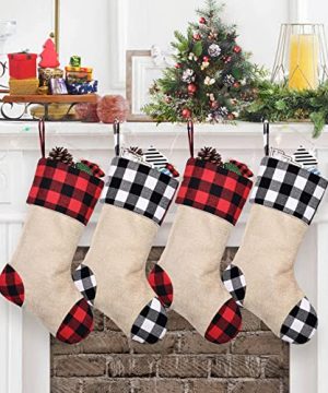 CARAKNOTS Plaid Christmas Stockings 4 Pack Red And Black Christmas Stockings For Family Kids Large Burlap Stockings Christmas Decorations For Xmas Farmhouse Fireplace Holiday Party 0 300x360