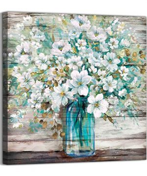Country Style Canvas Wall Art Teal Blue Mason Bottle White Flower Rustic Wall Decor Art Hanging In The Bedroom Bathroom Living Room Dining Room Office Fireplace Kitchen Murals Decor 14x14 0 300x360