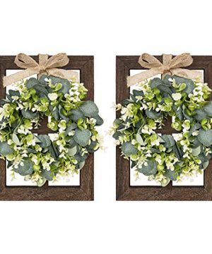 Dahey Farmhouse Wall Decor Window Frames With Eucalyptus Wreath 2 Pack Rustic Wood Fake Window Wall Art For Dining Room Living Room Kitchen Entryways 16 X 11 Inch Brown 0 300x360