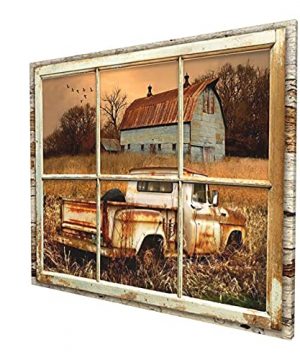 Drawpro Rustic Old Barn Wall Art Beautiful Barn And Rustic Truck At Sunset Through Wooden Window Frame Wall Art For Farmhouse Decor Modern House Wall Art Canvas Art 20x24 Inch 0 300x360