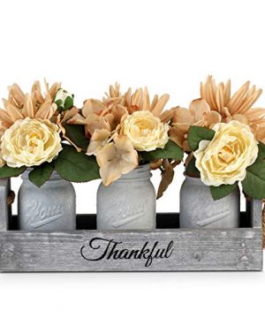 GBtroo Mason Jar Centerpiece Handmade Table Decoration For Farmhouse Kitchen And Shabby Chic Rustic Wedding Decor Antique White Glass Jars With Faux Flowers In Distressed Wood Box 0 300x360