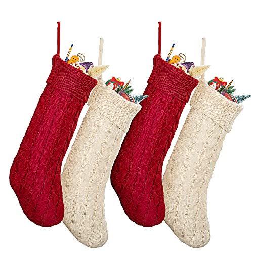 HOOJO Cable Knit Christmas Stockings Decorations 4 Pack 19 Inches Large Christmas Family White Knitted Stockings For Xmas Holiday Christmas Tree Fireplace 0