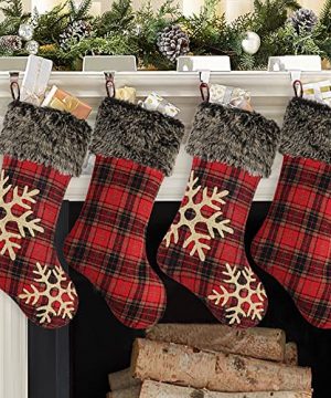Ivenf Christmas Stockings 4 Pcs 18 Inches Burlap With Large Plaid Snowflake And Plush Faux Fur Cuff Stockings For Family Holiday Xmas Party Decorations 0 300x360