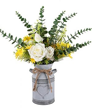 LIBWYS Metal Flower Vase Milk Can Rustic Style With Rose Eucalyptus Shabby Chic Metal Vase For Rustic Home Dining Table Centerpieces Decor White 1 0 300x360