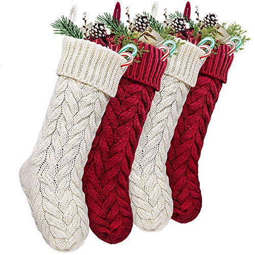 LimBridge Christmas Stockings 4 Pack 18 Inches Large Size Cable Knit Knitted Xmas Stockings Rustic Personalized Stocking Decorations For Family Holiday Season Decor Cream And Burgundy 0
