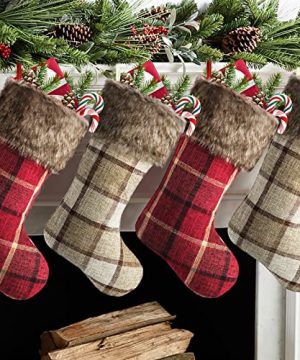 Meriwoods Chirstmas Stockings 4 Pack 18 Inch Large Burlap Buffalo Plaid Xmas Stocking With Faux Fur Cuff Country Rustic Holiday Indoor Decorations For Family Red Linen 0 300x360