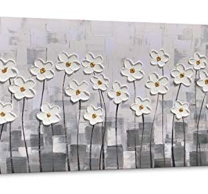 Yihui Arts Canvas Wall Art Grey And White Flowers Pictures Bloosom Modern Floral Pallet Knife Painting Framed For Bedroom Kitchen Dinning Room Living Room Office Home Decor 0 300x280