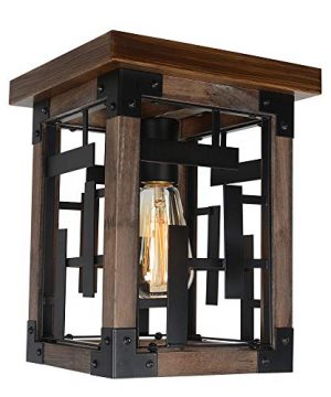 Beuhouz Square Wood Rustic Ceiling Light Fixture 1 Light Farmhouse Flush Mount Ceiling Lighting Small Black Metal Industrial Close To Ceiling Wire Cage Light Edison E26 8052 0 300x360