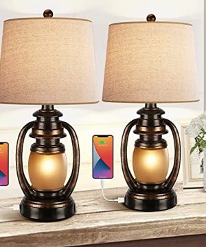 Farmhouse Bedside Table Lamps For Living Room Set Of 2 Oatmeal Tapered Drum Shade Rustic Bedroom Nightstand Lamps With 2 USB Port And Outlet 0 300x360