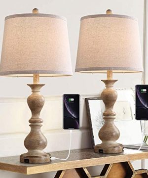 Farmhouse Table Lamp Set Of 2 26 Resin Bedside Nightstand Light With 2 USB Ports Rustic Bedside Lamp For Bedroom Living Room Office 2 Pack Antique Beige Base Beige Shade 0 300x360