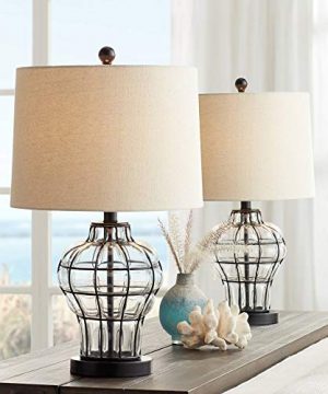 Hudson Modern Farmhouse Table Lamps Set Of 2 Dark Bronze Clear Blown Glass Gourd Burlap Fabric Drum Shade For Living Room Bedroom House Bedside Nightstand Home Office Family 360 Lighting 0 300x360