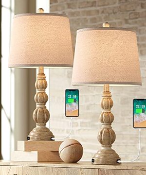 IMYOTH 26 Rustic Farmhouse Table Lamp Set Of 2 Resin Nightstand Lamp With Dual USB Charging Ports For Bedroom Living Room Office Retro Classic Desk Lamp With Beige Drum Shade 0 300x360