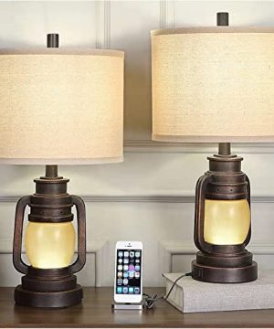 Lantern Table Lamp Set Of 2 With Nightlight USB AC Power Outlet Dark Bronze Linen Fabric Hardback Shade Home Decor For Living Room Bedroom House Bedside Nightstand Home Office Family 0 300x360