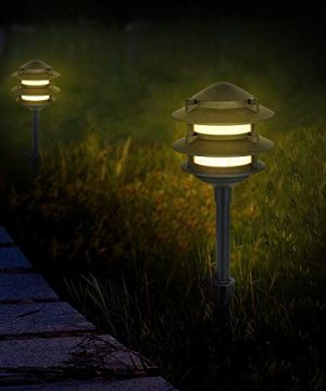 MOON BAY L03177 NA X 2 Pagoda Landscape Path Light Low Volt 2W White LED Waterproof For Outdoor Die Cast Body And Frost Plastic Shade With Aluminum Spike 2pack Matt Black 0 300x360