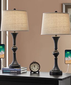 Oneach Traditional Table Lamps Set Of 2 With USB Charging Port For Living Room 2925 Nightstand Lamp For Bedroom Bedside Table Lamp With Neutral Drum Shade Black 0 300x360