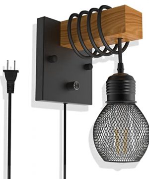 Plug In Wall Sconce Lamp Vintage Farmhouse Wooden Wall Light With Dimmer ONOff Switch 55FT Plug In Cord Metal Cage Decorate Suitable For Home Decor Living Bathroom Bedroom Porch Black 0 300x360