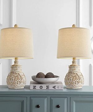 PoKat 185 Farmhouse Vintage Table Lamps For Living Room Traditional Carved Floral Bedside Lamps For Bedroom Rustic Night Light Lamps Washed White 0 300x360