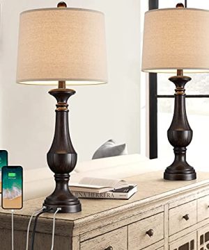 PoKat 2775 USB Farmhouse Table Lamp Sets Of 2 For Living Room Classic Bedroom Bedside Nightstand Lamp With 2 USB Ports Brown 0 300x360