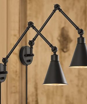 Swing Arm Wall Lamp For Bedroom Set Of 2 Plug In Wall Light Fixture With Dimmable Switch Industrial Metal Black Wall Reading Sconce For Living Room Farmhouse Hallway 0 300x360