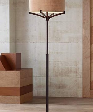 Tremont Mid Century Modern Contemporary Tall Pole Lamp Floor Standing Deep Bronze Tan Burlap Drum Shade Decor For Living Room Reading House Bedroom Home Office Franklin Iron Works 0 300x360