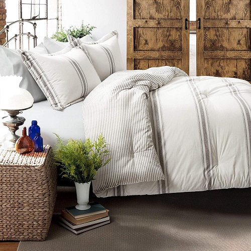 16 Lush Decor, Gray Comforter Farmhouse Stripe 3 Piece Reversible Bedding Set
