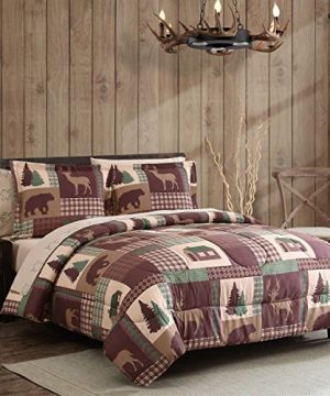 5 Piece Rustic Cabin Twin Comforter Bed In A Bag Bedding Set With Deep Pocket Sheets Bear Deer Lodge Brown Green 0 300x360