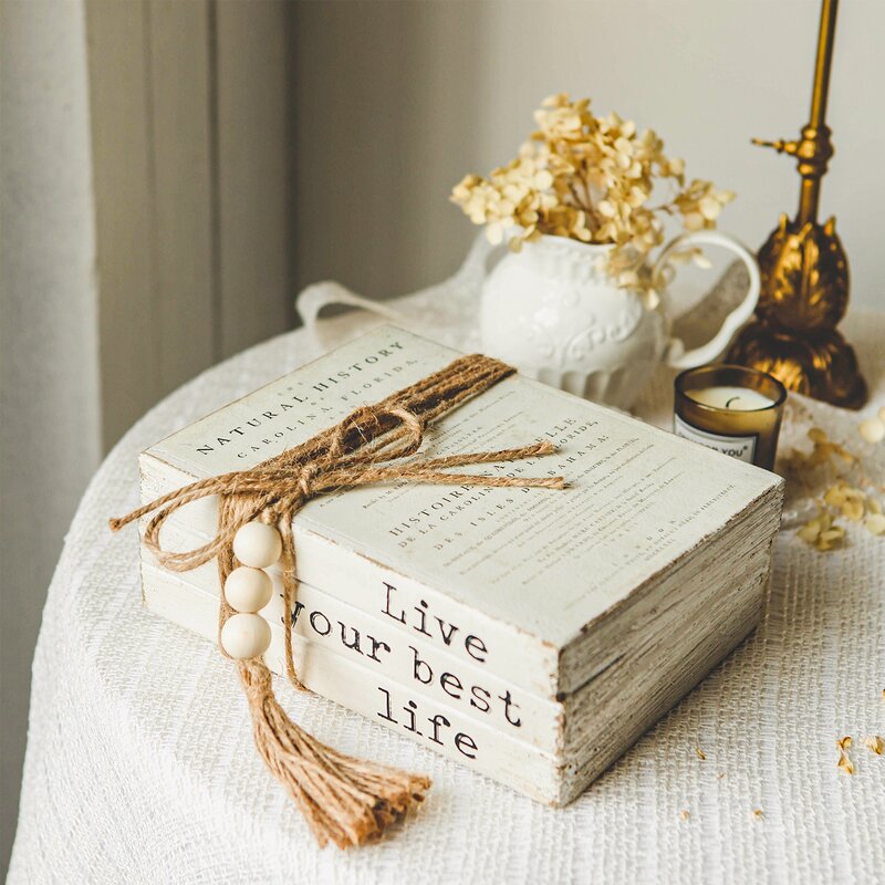 51 Agustina+Rustic+Live+Your+Best+Life+Inspirational+Quote+Wood+Book+Stack+Decor+With+Jute+Beads