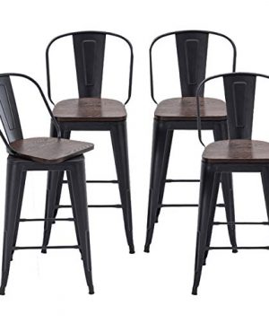 Alunaune 26 Swivel Metal Bar Stools Set Of 4 High Back Counter Height Barstools Industrial Dining Bar Chairs With Large Wooden Seat Matte Black 0 300x360