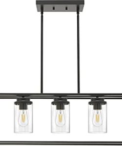 Banato 5 Light Farmhouse Chandelier Rectangle Black Pendant Lighting For Kitchen Island Dining Room Lighting Fixtures Hanging Linear Cage Island Lighting With Clear Glass Shade 0 250x300