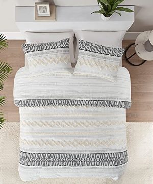 Boho Bedding Comforter Sets Ivory FullQueen Farmhouse Bedding Set Cotton Top With Modern Neutral Style Clipped Jacquard Stripes 3 Pieces Including Matching Pillow Shams 90x90 Inches 0 300x360