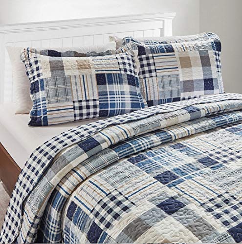 3 pce King Bed Quilt Set Farmhouse Pottery Rustic Blue Barn Navy Plaid Patchwork 
