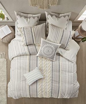 INKIVY 100 Cotton Comforter Mid Century Modern Design All Season Bedding Set Matching Shams FullQueen88x92 Imani Ivory Chenille Tufted Accent 3 Piece 0 300x360