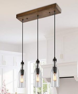 LNC A03491 Wooden Pendant Lights 3 Height Adjustable Farmhouse Chandelier For Kitchen Island And Dining Room Square 0 300x360