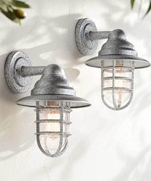 Marlowe Rustic Farmhouse Industrial Outdoor Wall Light Fixtures Set Of 2 Galvanized Metal 13 14 Clear Glass Hooded Cage Exterior House Porch Patio Outside Deck Garage Yard John Timberland 0 300x360