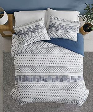 Modern Navy Bedding Blue Full Queen Farmhouse Comforter Set Cotton Top With Boho Style Clipped Jacquard Stripes 3 Pieces Including Matching Pillow Shams 90 X 90 Inches 0 300x360