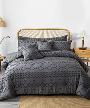 PERFEMET Grey Tufted Comforter Set Queen Size 7Pcs Bed In A Bag Geometric Jacquard Bedding Comforter Sets With Sheets Set Boho Shabby Chic Bed Comforter Set For Teens Boys Girls Men Women 0 300x360