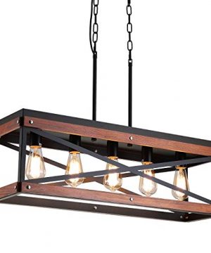 Rustic Farmhouse Kitchen Island Lighting Wood And Metal Linear Chandelier 5 Lights Industrial Pendant Light Fixture For Kitchen Island Dining Room Living Room Table Black 0 300x360