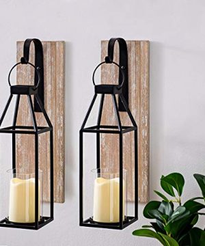 SH Set Of 2 Rustic Wood And Metal Hanging Lantern Sconce Glass Candle Holders Outdoor Indoor Hanging Wooden Metal Candle Lanterns Wall Home Decor 2 0 300x360