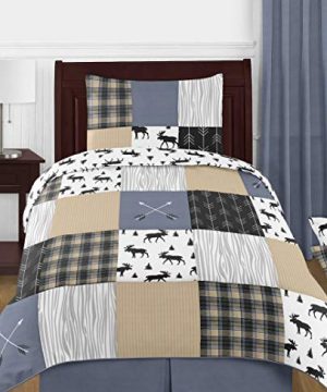 Sweet Jojo Designs Blue Tan Grey And Black Woodland Plaid And Arrow Rustic Patch Boy Twin Kid Childrens Bedding Comforter Set 4 Pieces 0 300x360