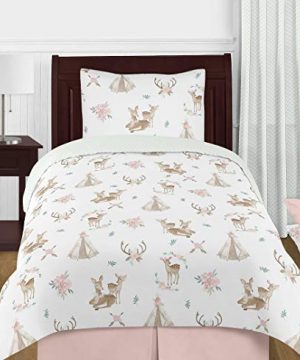 Sweet Jojo Designs Blush Pink Mint Green And White Boho Watercolor Woodland Deer Floral Girl Twin Kid Childrens Bedding Comforter Set 4 Pieces 0 300x360