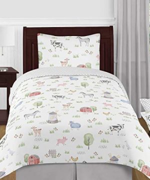 Sweet Jojo Designs Farm Animals Boy Or Girl Twin Size Kid Childrens Bedding Comforter Set 4 Pieces Watercolor Farmhouse Lattice Horse Cow Sheep Pig 0 300x360