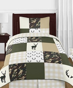 Sweet Jojo Designs Green And Beige Deer Buffalo Plaid Check Woodland Camo Boy Twin Kid Childrens Bedding Comforter Set 4 Pieces Rustic Camouflage 0 300x360