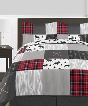 Sweet Jojo Designs Grey Black And Red Woodland Plaid And Arrow Rustic Patch Boy FullQueen Kid Teen Bedding Comforter Set 3 Pieces Flannel Moose Gray 0 300x360