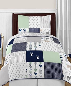 Sweet Jojo Designs Navy Blue Mint And Grey Woodsy Deer Boys 4 Piece Kids Childrens Twin Bedding Set 0 300x360