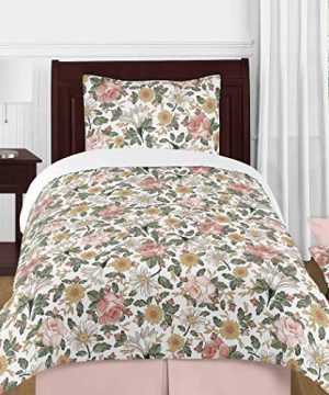 Sweet Jojo Designs Vintage Floral Boho Girl Twin Size Kid Childrens Bedding Comforter Set 4 Pieces Blush Pink Yellow Green And White Shabby Chic Rose Flower Farmhouse 0 300x360