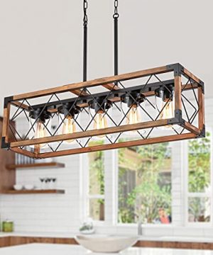 Trongee Farmhouse Kitchen Island Lighting Fixture 5 Light Wooden Linear Pendant Chandelier With Clear Glass Lampshade Hanging Kitchen Chandelier For Dining Room Over Island 0 300x360