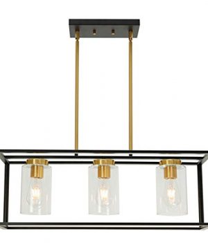 VINLUZ Industrial Chandeliers 3 Light With Clear Glass Shade Brushed Brass And Black Modern Farmhouse Dining Room Lighting Fixtures Hanging Kitchen Island Linear Pendant Lights Ceiling 0 300x360