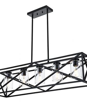WINSHEN 5 Lights Farmhouse Kitchen Island Light In Black Finish Vintage Rectangular Linear Pendant Lighting Fixtures With Clear Glass Shades For Bar Pool Table 0 300x360