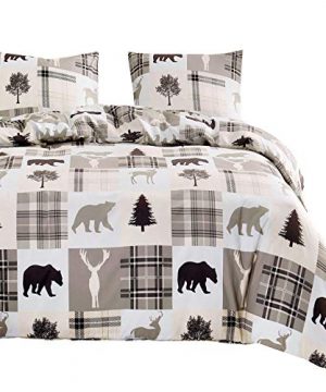 Wake In Cloud Rustic Patchwork Comforter Set Lodge Woodland Wildlife Bear Moose Elk Pine Trees Pattern Printed Soft Microfiber Bedding 3pcs Twin Size 0 300x360
