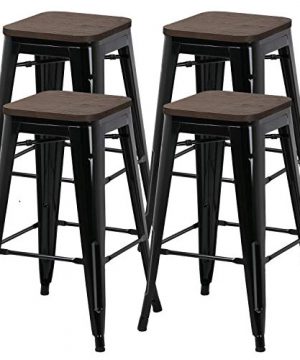 Yaheetech 26inch Barstools Set Of 4 Counter Height Metal Bar Stools Indoor Outdoor Stackable Bartool Industrial With Wood Seat 331Lb Black 0 300x360
